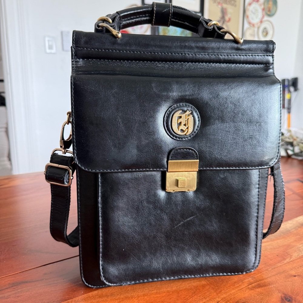 Vintage Charles Hubert Black Leather Crossbody Bag with Gold Accents